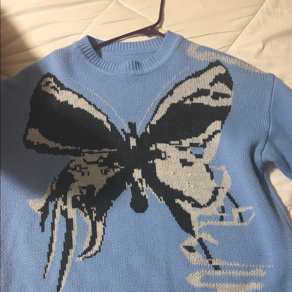 SHEIN Blue Sweater with Black and White Butterfly